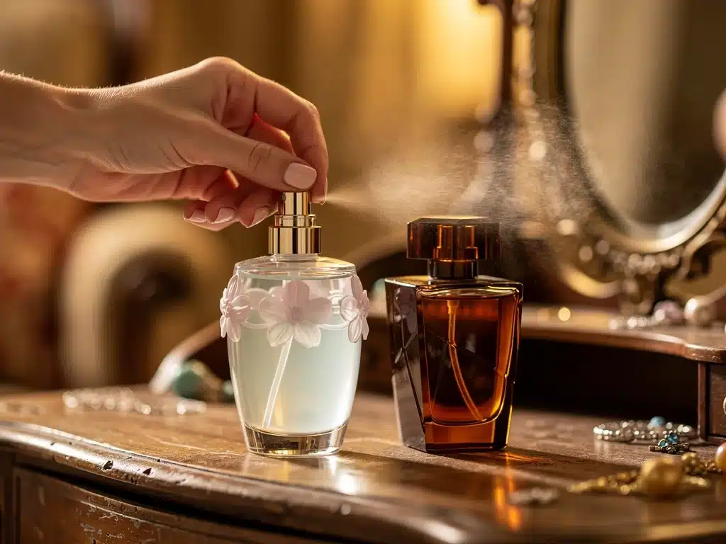 Hand applying floral perfume with spicy gourmand bottle nearby