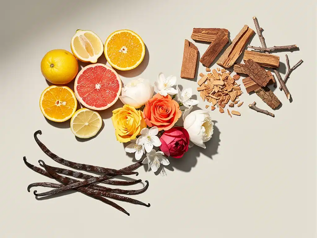 Diverse fragrance ingredients representing different scent families for perfume pairing