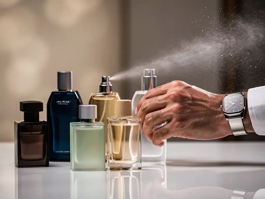 Close-up of perfume bottles and man's wrist for layering