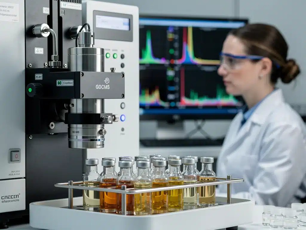 Scientific instrumentation analyzing fragrance compounds for molecular structure.