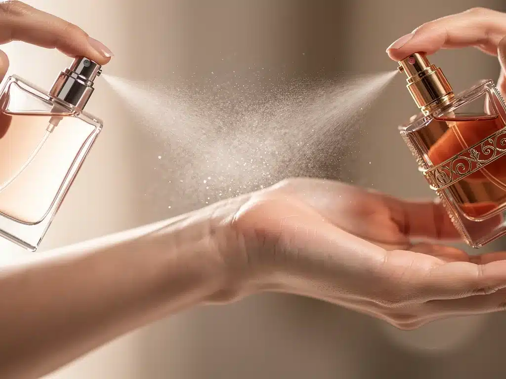 Woman spraying two different perfumes onto her wrist to create a unique scent