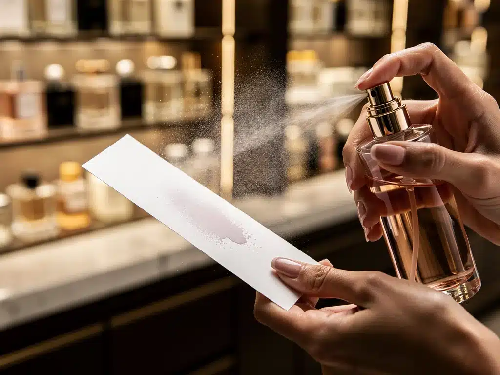 Hand layering two perfumes on a strip, exploring harmonious pairings.