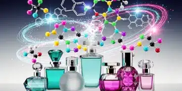 Abstract illustration of perfume molecules interacting to create harmonious scents.