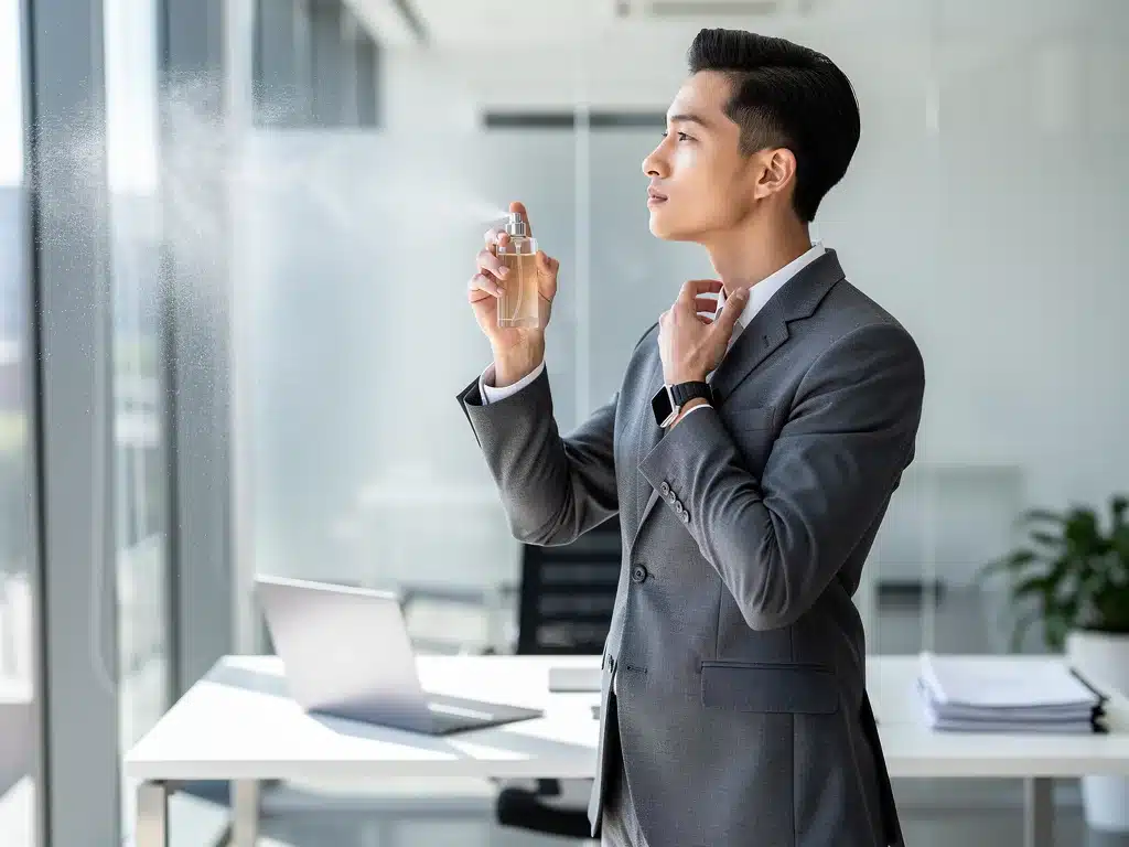 Professional applying perfume as part of a carefully selected fragrance wardrobe.