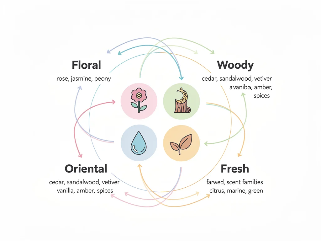 Infographic showing scent families and their harmonious pairing connections.