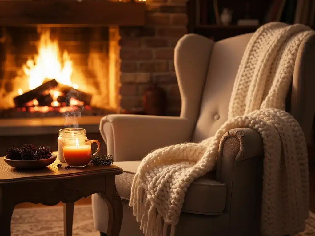 Cozy winter evening scene with a scented candle by a warm fireplace