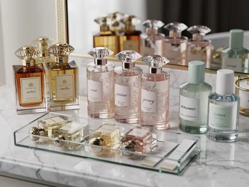 Diverse perfume bottles on a vanity, ready for layering experimentation.