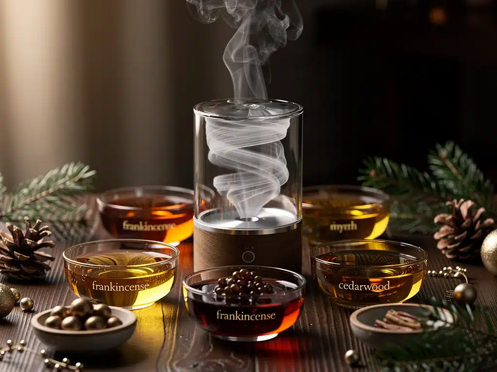 Sophisticated essential oil diffuser with festive frankincense and cedarwood