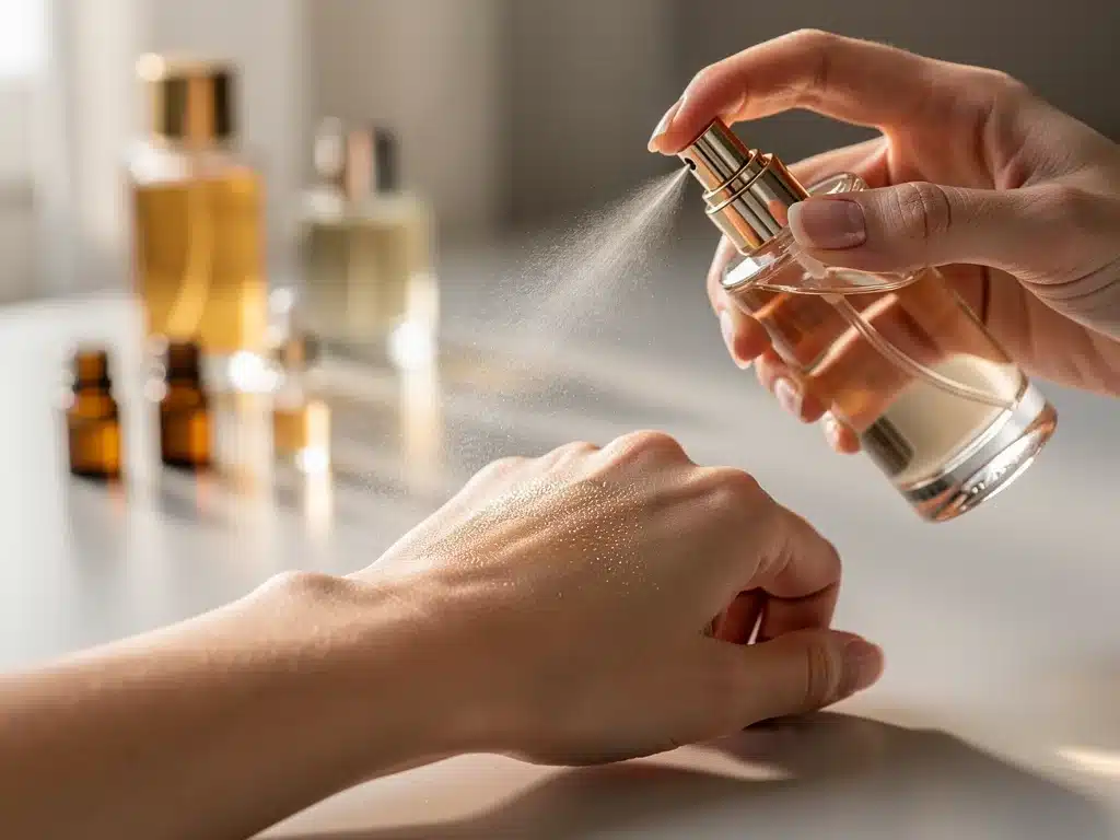 Hands applying perfume to pulse point, highlighting precise layering technique.
