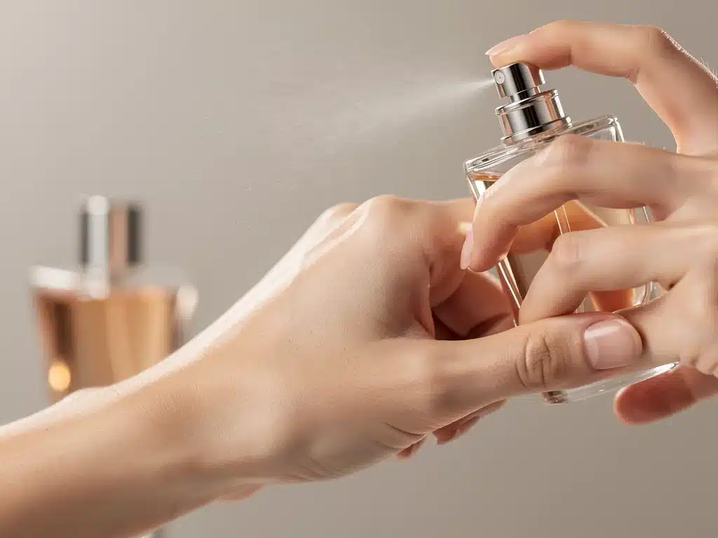 Person applying perfume to their wrist, demonstrating proper application technique.